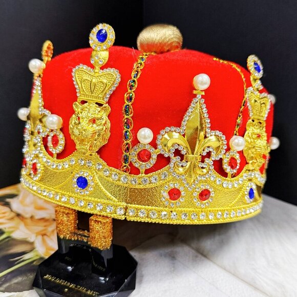 Royal Velvet Gold King's Crown, Tufted King Crown, Crystal Gold Crown, Gifts - Picture 4 of 8